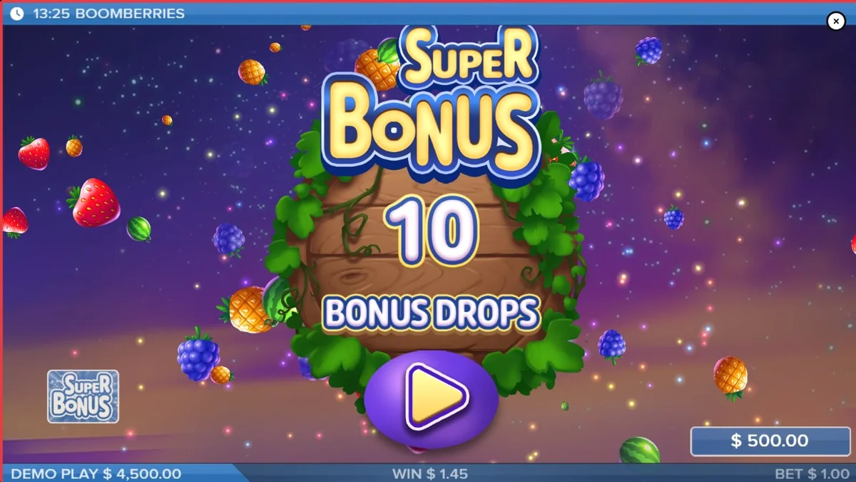 Tampilan visual slot Boomberries dengan tema desa dongeng dan buah-buahan