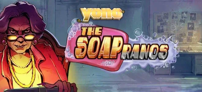 Tampilan visual slot Soapranos dengan elemen neon dan desain karakter khas Peter & Sons