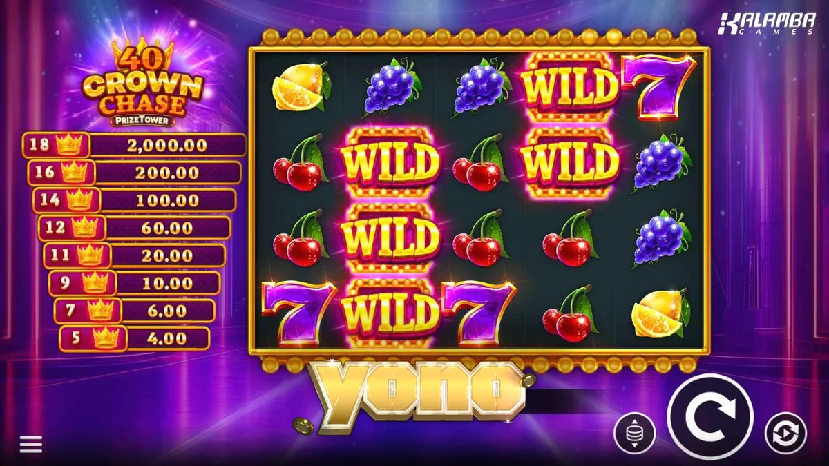 Tampilan visual slot 40 Crown Chase PrizeTower dengan simbol mahkota dan buah-buahan